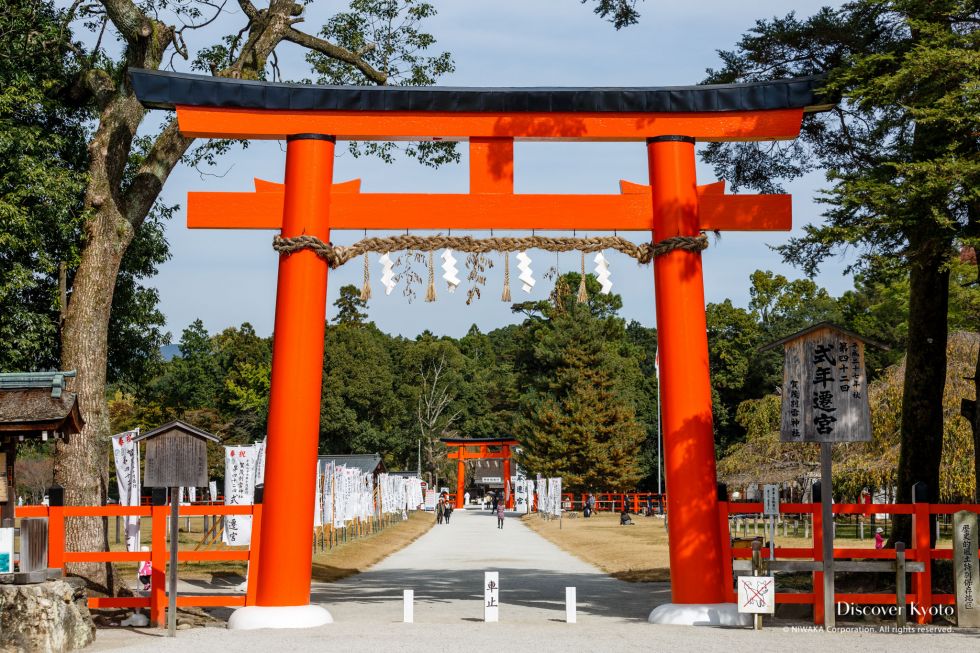 Bright vermilion torii gate at Kamigamo-jinja shrine framed by trees