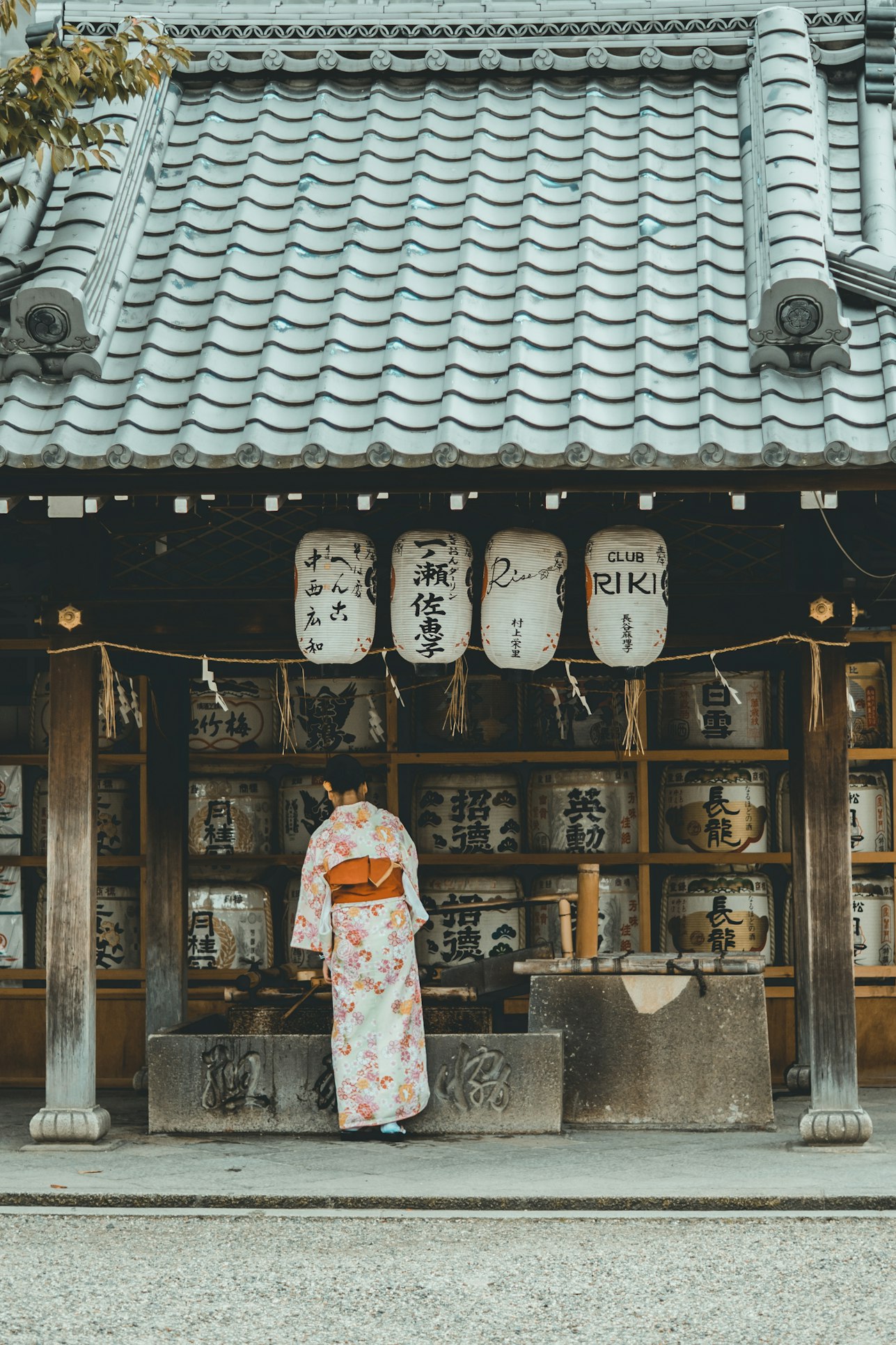 Lantern-lit wall of wooden plaques and sake barrels at a Kyoto shrine, kimono-clad visitor standing before it.
