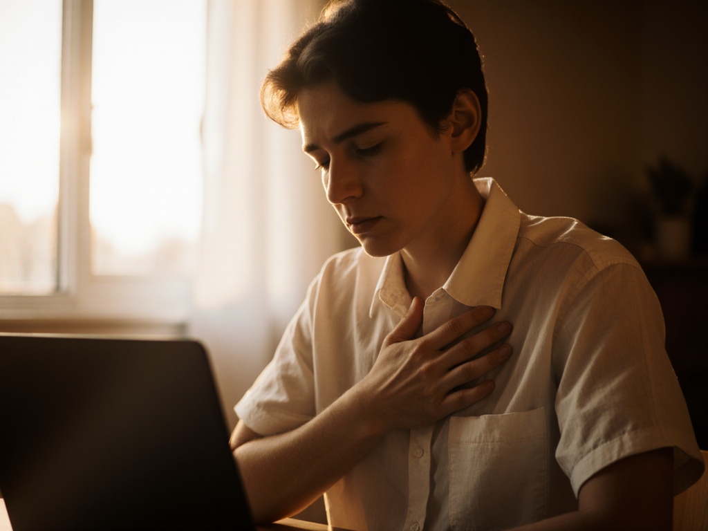 Person sitting at wooden desk near window in late afternoon light, one hand rising to chest in sudden awareness, eyes half-closed in introspection