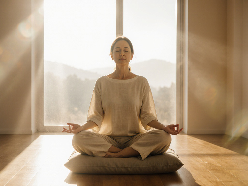 Woman sitting upright on meditation cushion in sunlit room, hands on lower abdomen, eyes closed in deep listening