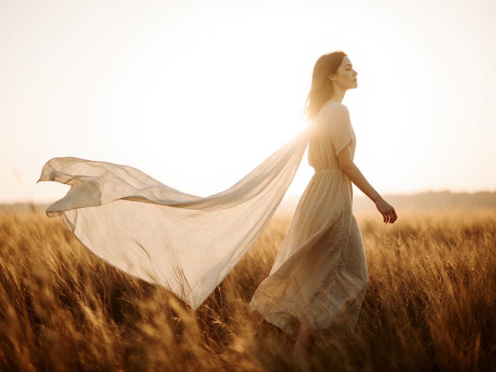 Woman walking through tall grass with fabric flowing behind her, continuous fluid movement
