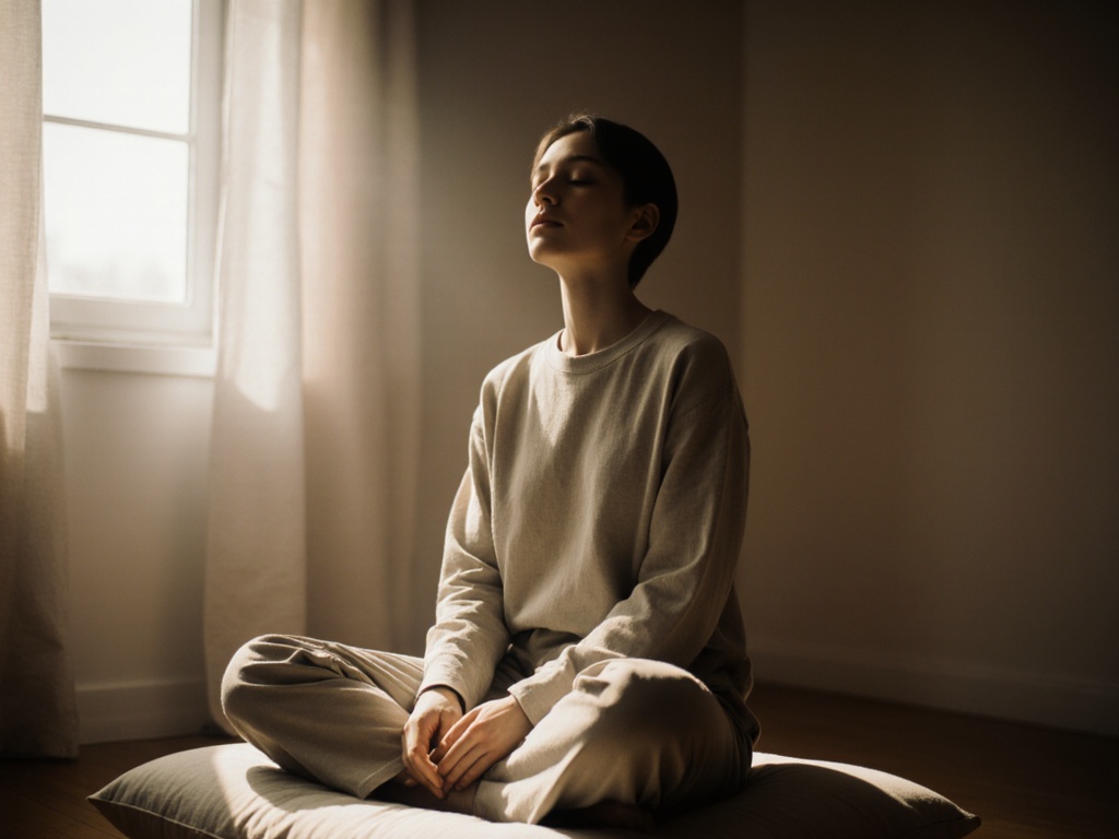 Person prepares to practice breath work in simple room with morning light, hands resting on knees