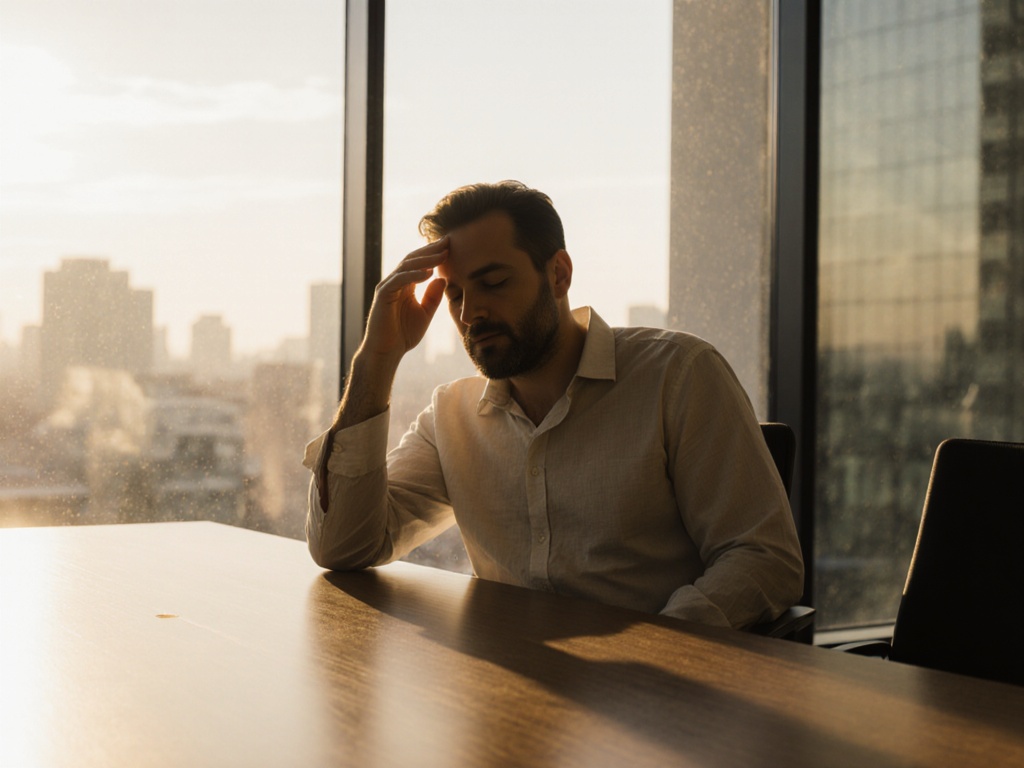 Professional sits alone at empty conference table in late afternoon light, eyes closed, hand on forehead