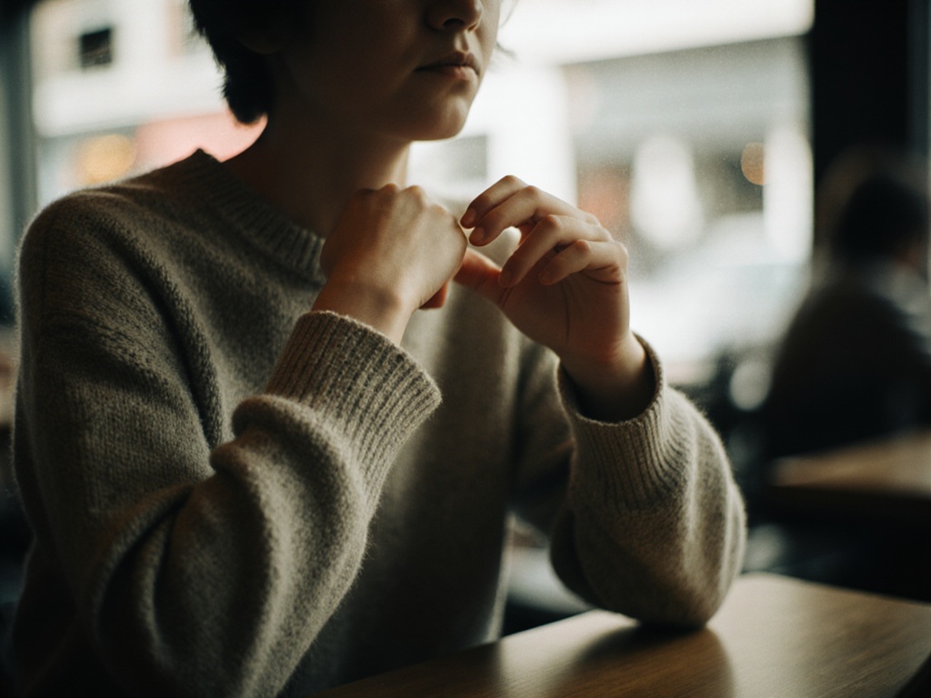 Close-up of person's torso and hands tensing, caught mid-breath in a moment of stress