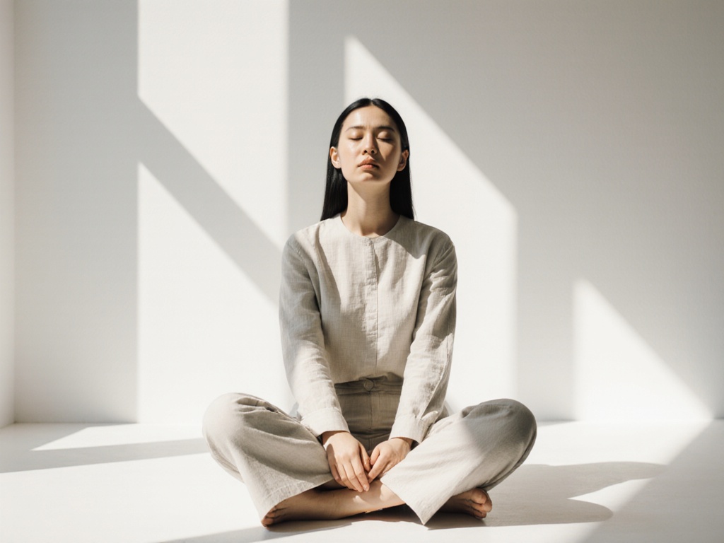 Person sitting in geometric minimalist space with rigid posture showing physical tension