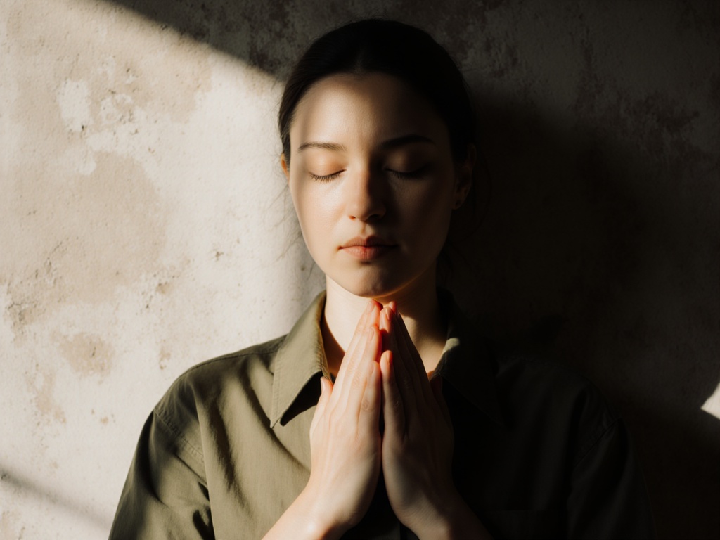 Woman with both hands placed on her chest, eyes closed, sensing internal body signals