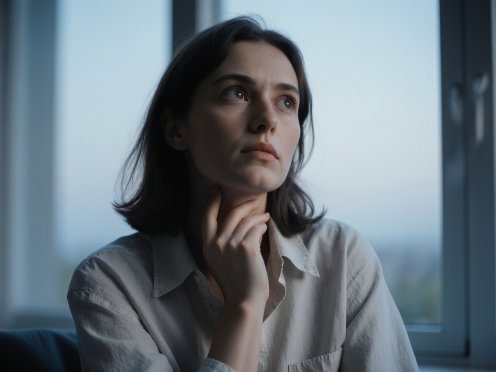 Person with hand gently resting on throat, eyes open with curious expression, soft dawn light