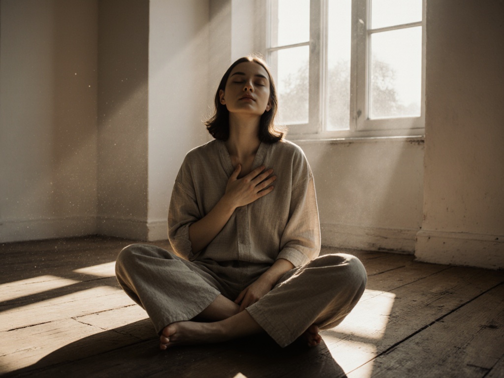 Person seated cross-legged on wooden floor in sun-filled room, hand on chest, eyes softly closed