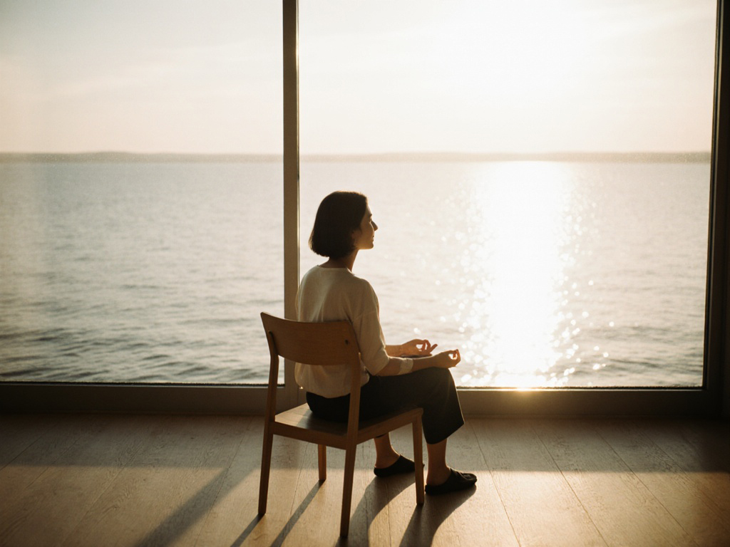 Person seated by large window overlooking water, perfectly still, watching light on the surface