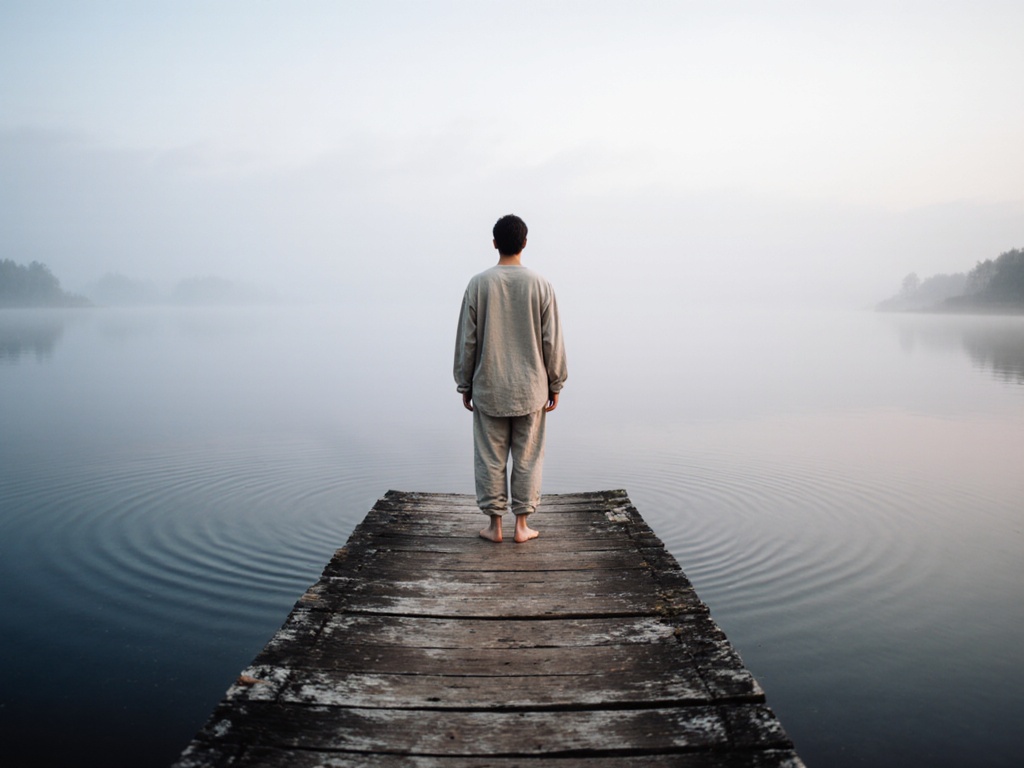 Person standing barefoot on weathered dock, eyes closed, arms relaxed at sides, feeling wind