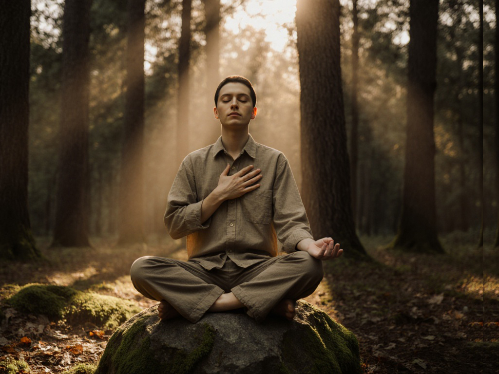Person sits on stone in nature, eyes closed, hand on heart, surrounded by trees in dappled sunlight