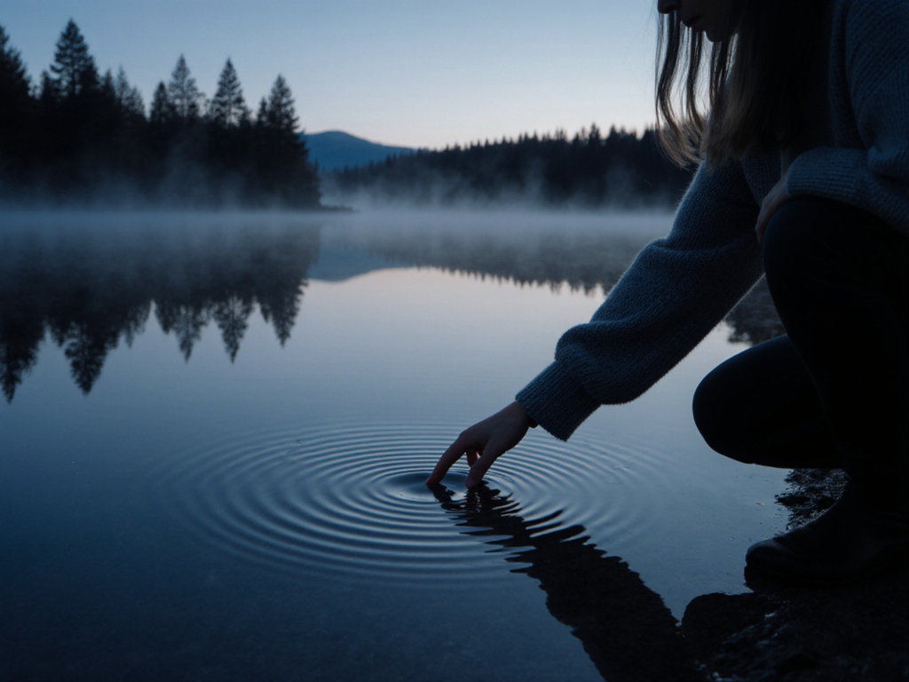 Woman kneeling at edge of still pond, fingers barely touching water surface, concentric ripples forming