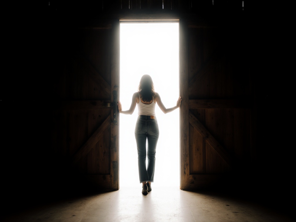 Woman standing centered in open doorway, backlit, choosing to step forward on her own terms