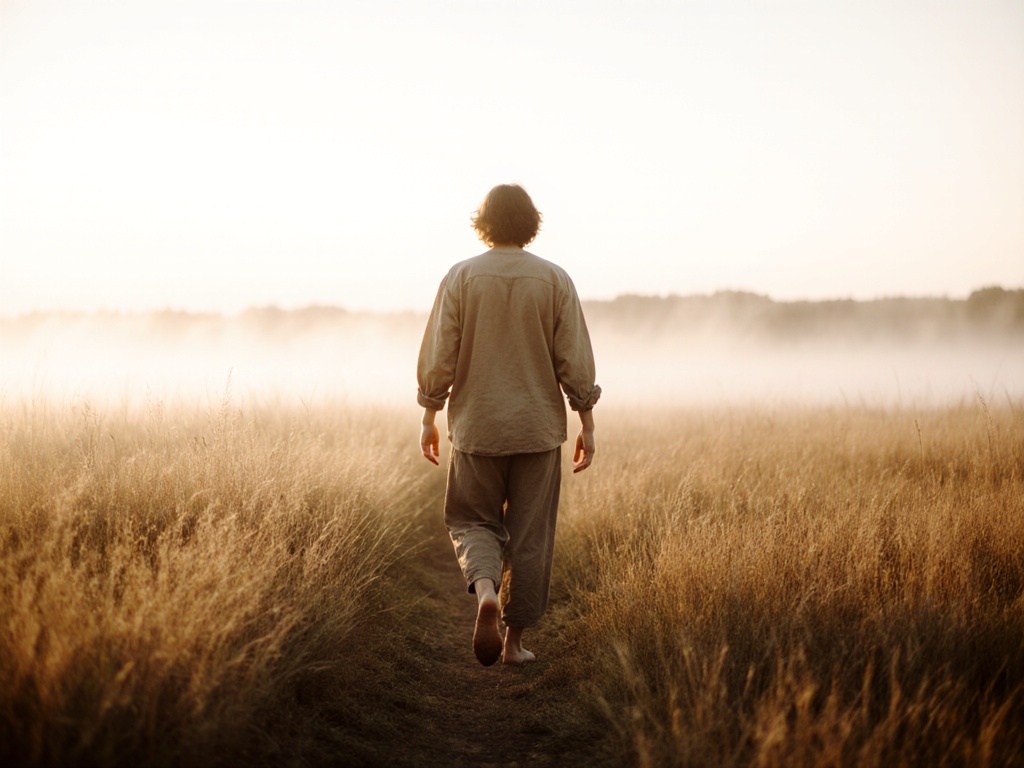 Person walking barefoot through tall grass in open field, morning mist, arms relaxed at sides