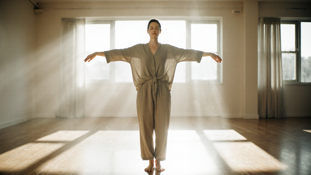 Person with eyes closed exploring balance in morning-lit yoga studio, arms extended in uncertain position