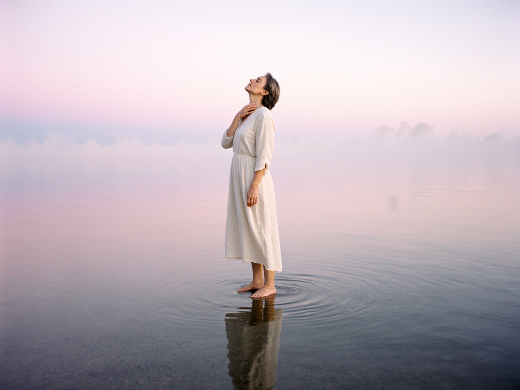 Woman standing barefoot at calm ocean edge at dawn, one hand at throat, eyes closed, flowing linen dress