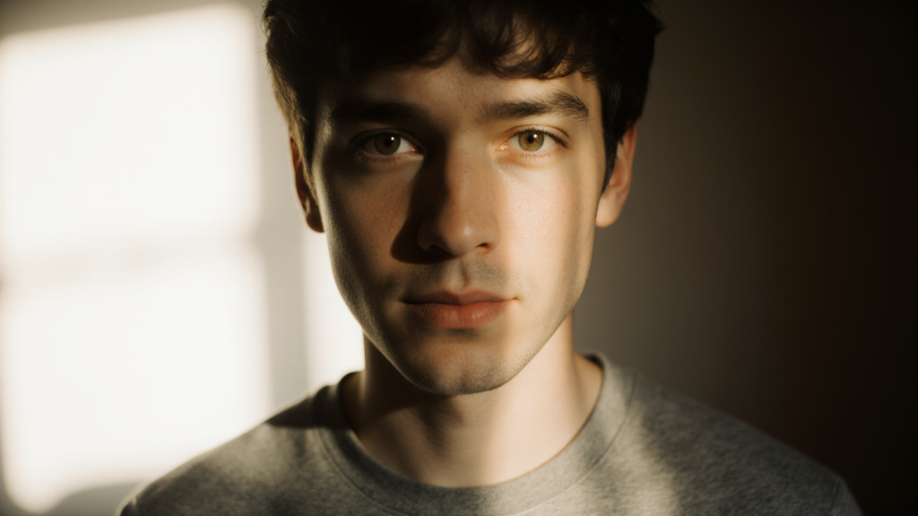 Close portrait of person with eyes open and grounded presence, soft natural light, expression of quiet knowing