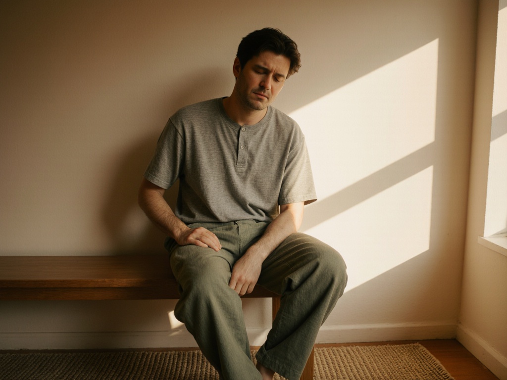 Person with closed eyes and hand resting on ribcage in moment of internal somatic exploration