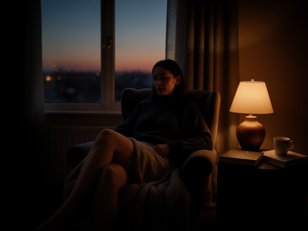 Woman seated peacefully in home environment at dusk with settled grounded presence