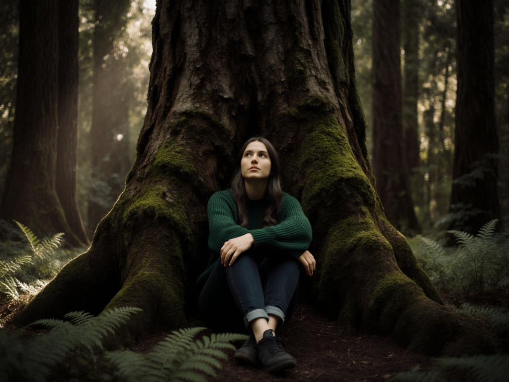 Woman sitting against ancient tree trunk in forest, body relaxed, eyes open and calm
