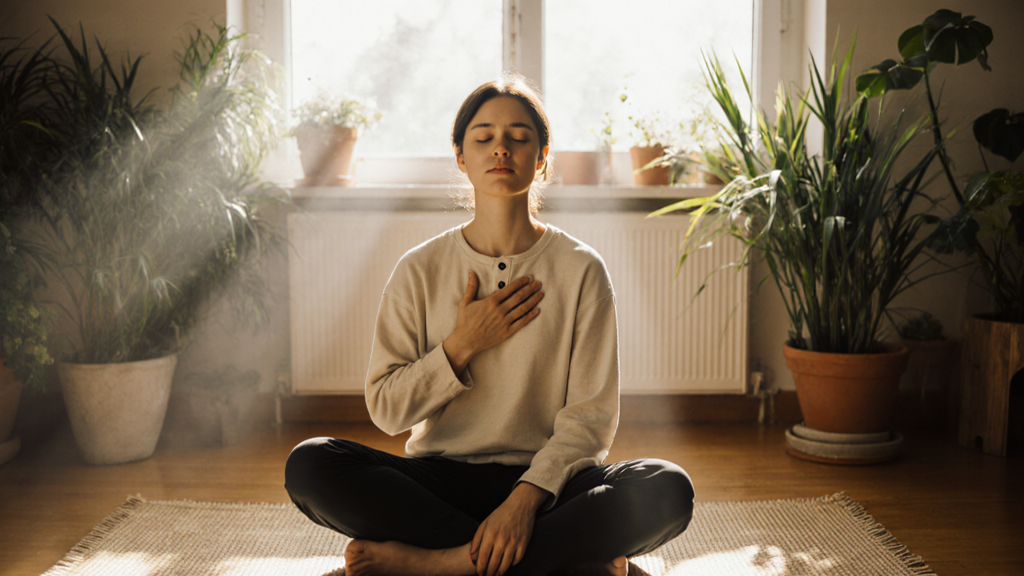 Person sitting in meditation with focused attention on breath, hand on chest, eyes closed in concentration