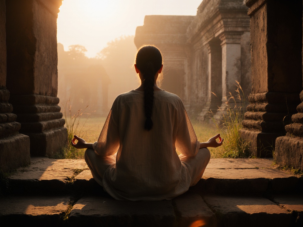 Person practicing breath technique on a stone platform in ancient temple courtyard at sunrise