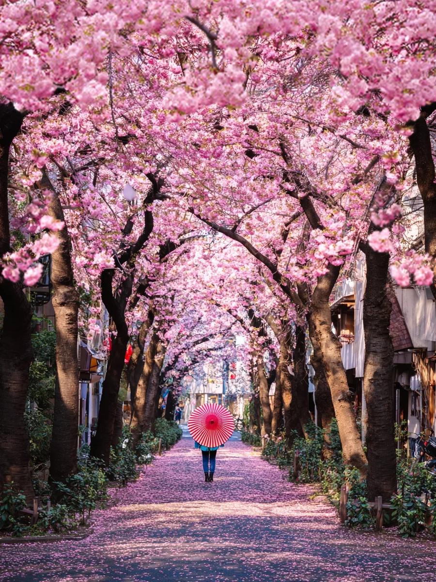 Cherry-blossom tunnel over a pedestrian avenue forming a vivid pink canopy.