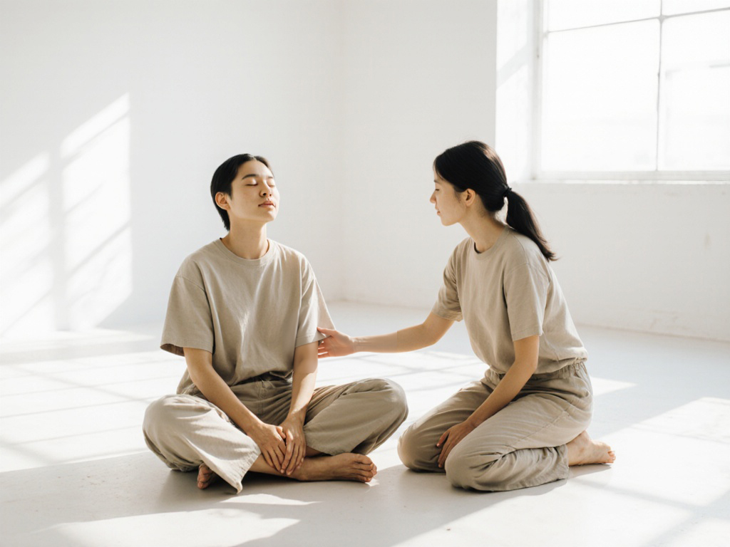 Two people in a sunlit studio, one guiding another through breath awareness, gentle hands indicating ribcage