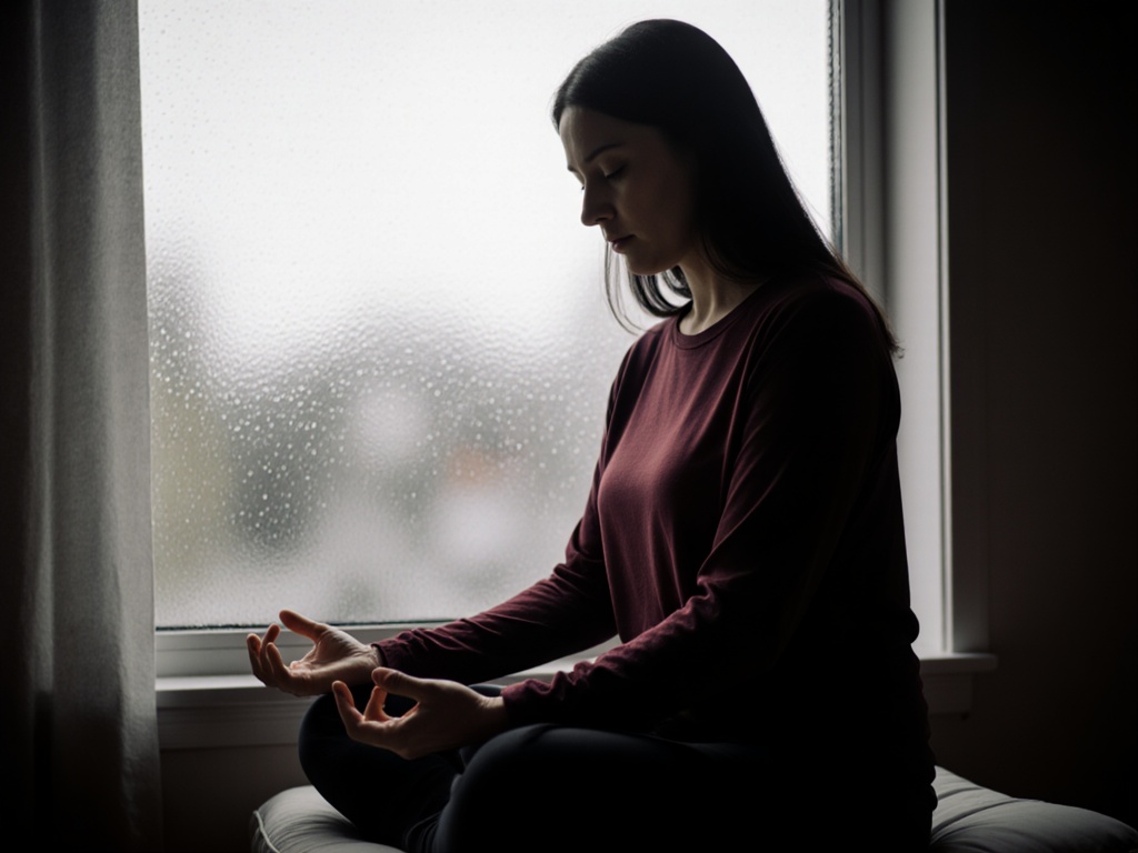 Woman in contemplative seated meditation near window, stillness and alertness coexist