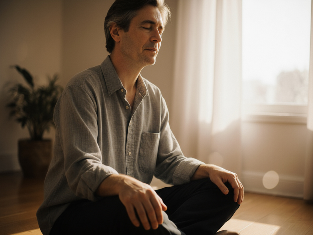 Person sitting cross-legged on wooden floor near window, hands gently on lower abdomen with fingertips touching, eyes closed in deep listening