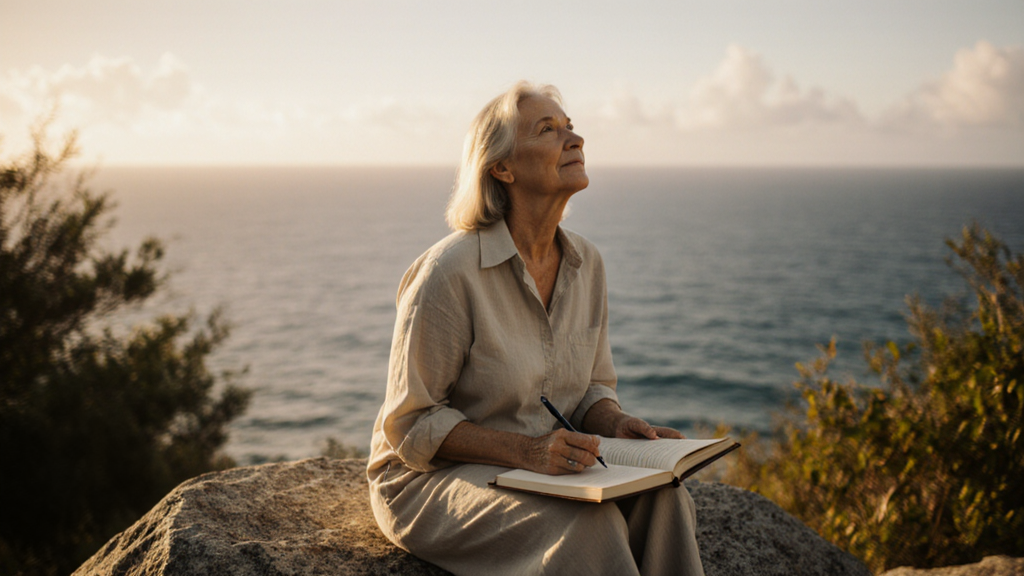 Woman sitting outdoors writing in a journal, surrounded by natural setting, peaceful expression
