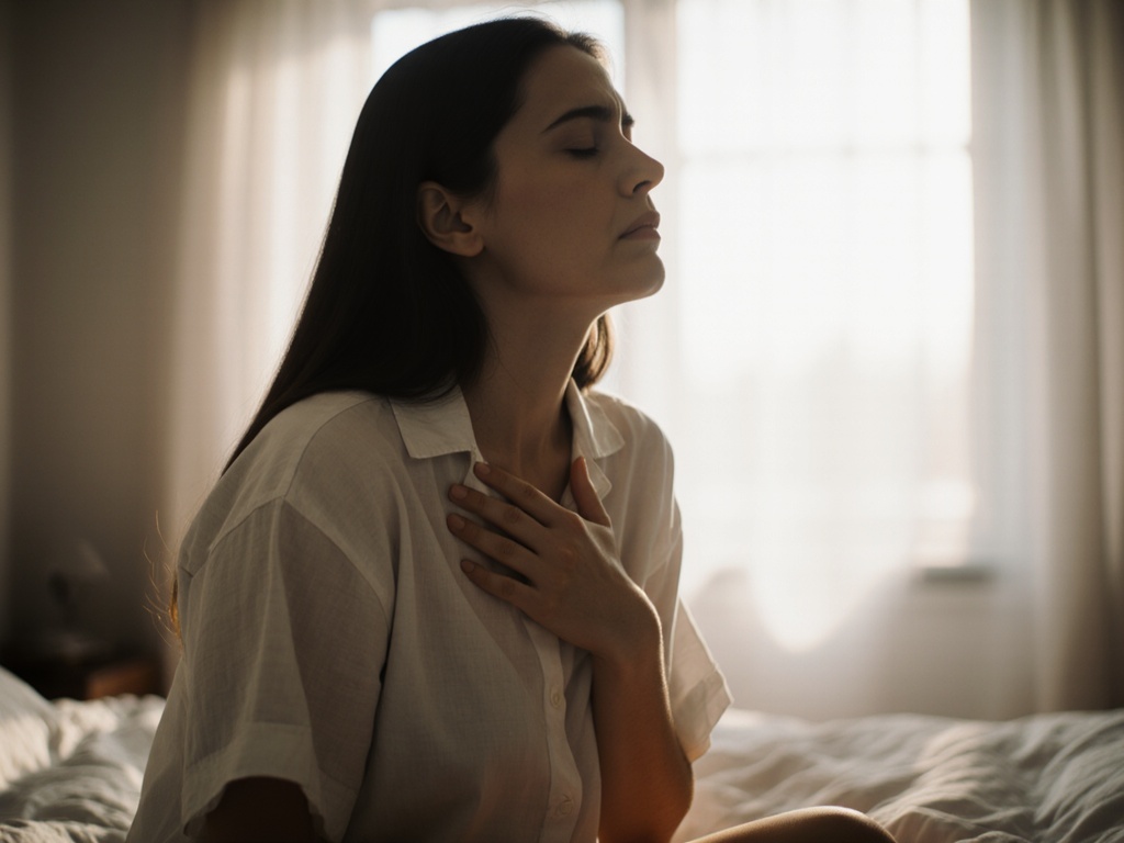 Woman in dim morning light pressing hand to chest, eyes closed, face tense
