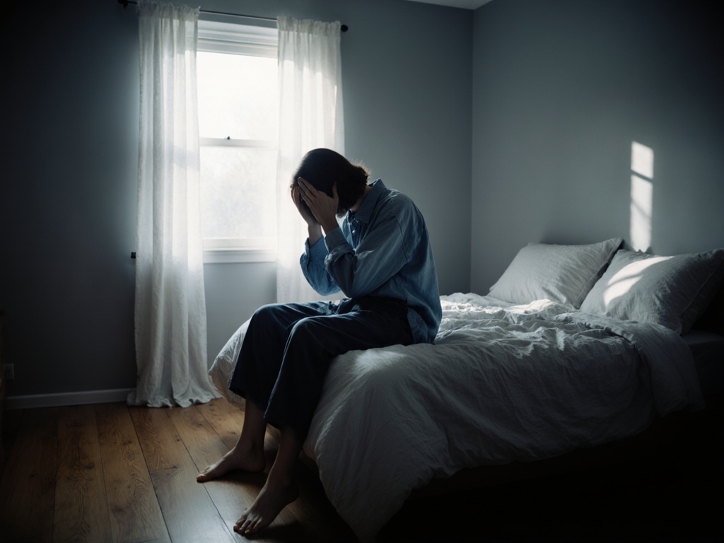Person sitting at edge of unmade bed, head in hands, morning light casting long shadows across floor