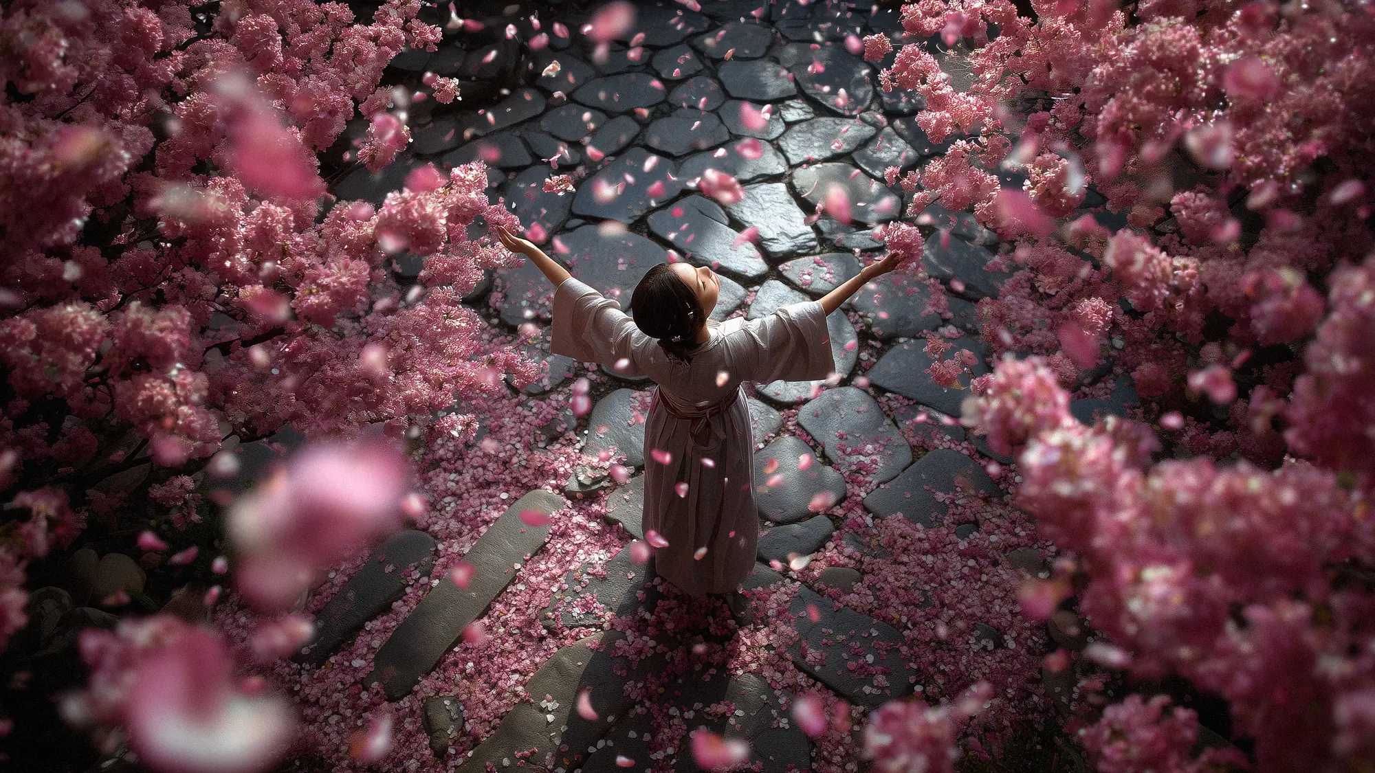 Intense blizzard of pink cherry blossom petals swirling like snow; young woman in a traditional garden with arms outstretched catching petals