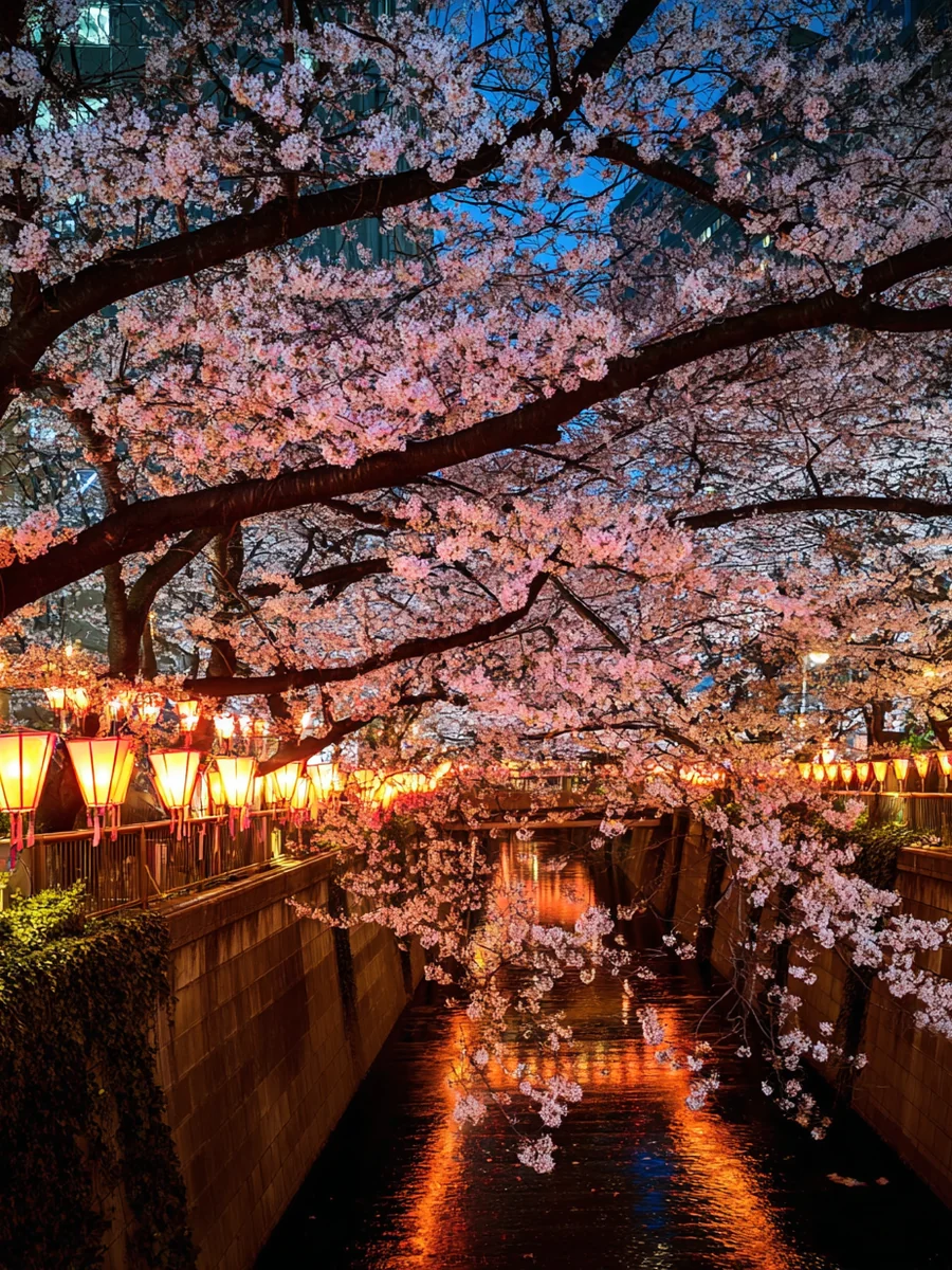 Close cherry branches over a lantern-lit riverside path at night.