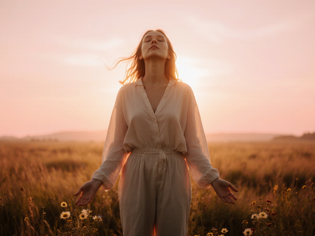 Person in complete stillness at sunset, eyes closed, hands open at sides, peaceful expression