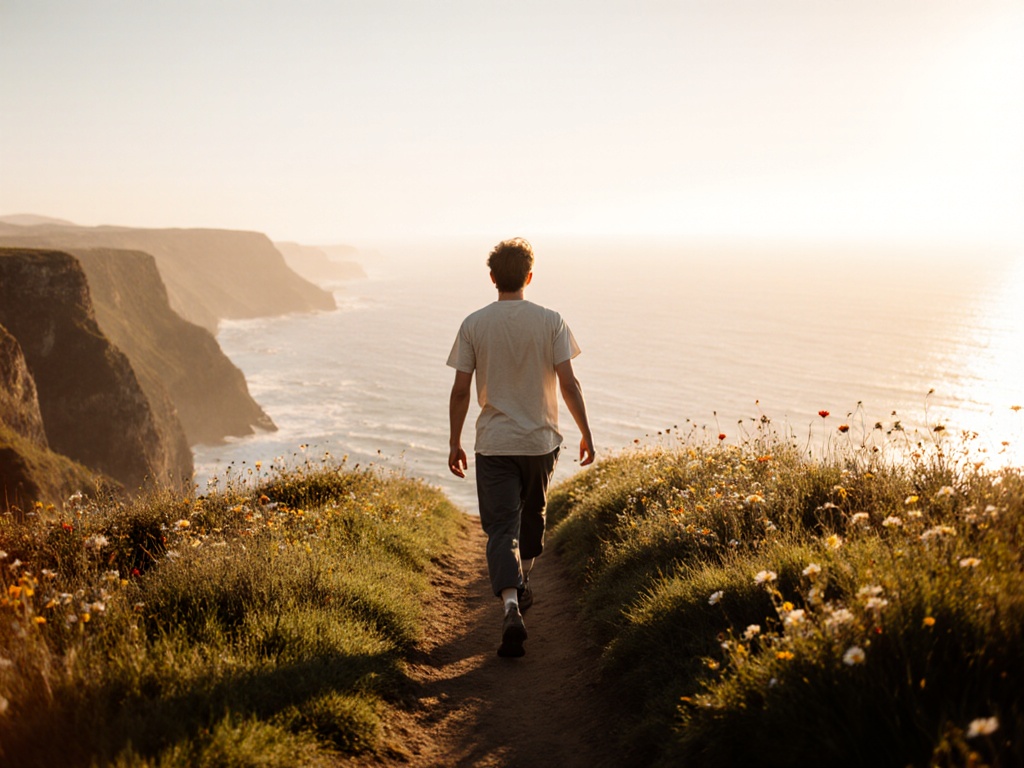 Person walks along coastal path at golden hour, posture open and confident, ocean visible below