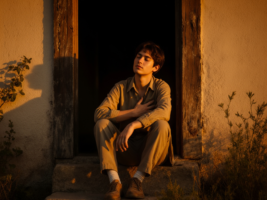 Person sitting on stone step of rustic doorway at golden hour, hand on heart, peaceful expression