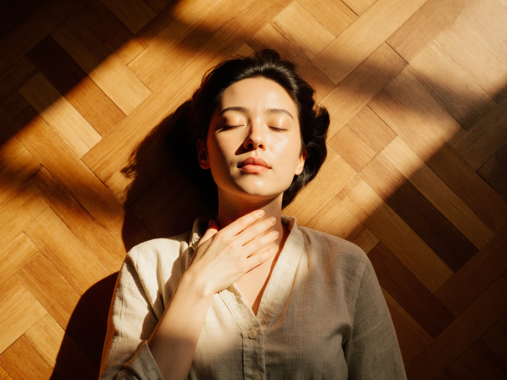 Overhead view of person lying on wooden floor, one hand on throat, calm expression, natural light streaming