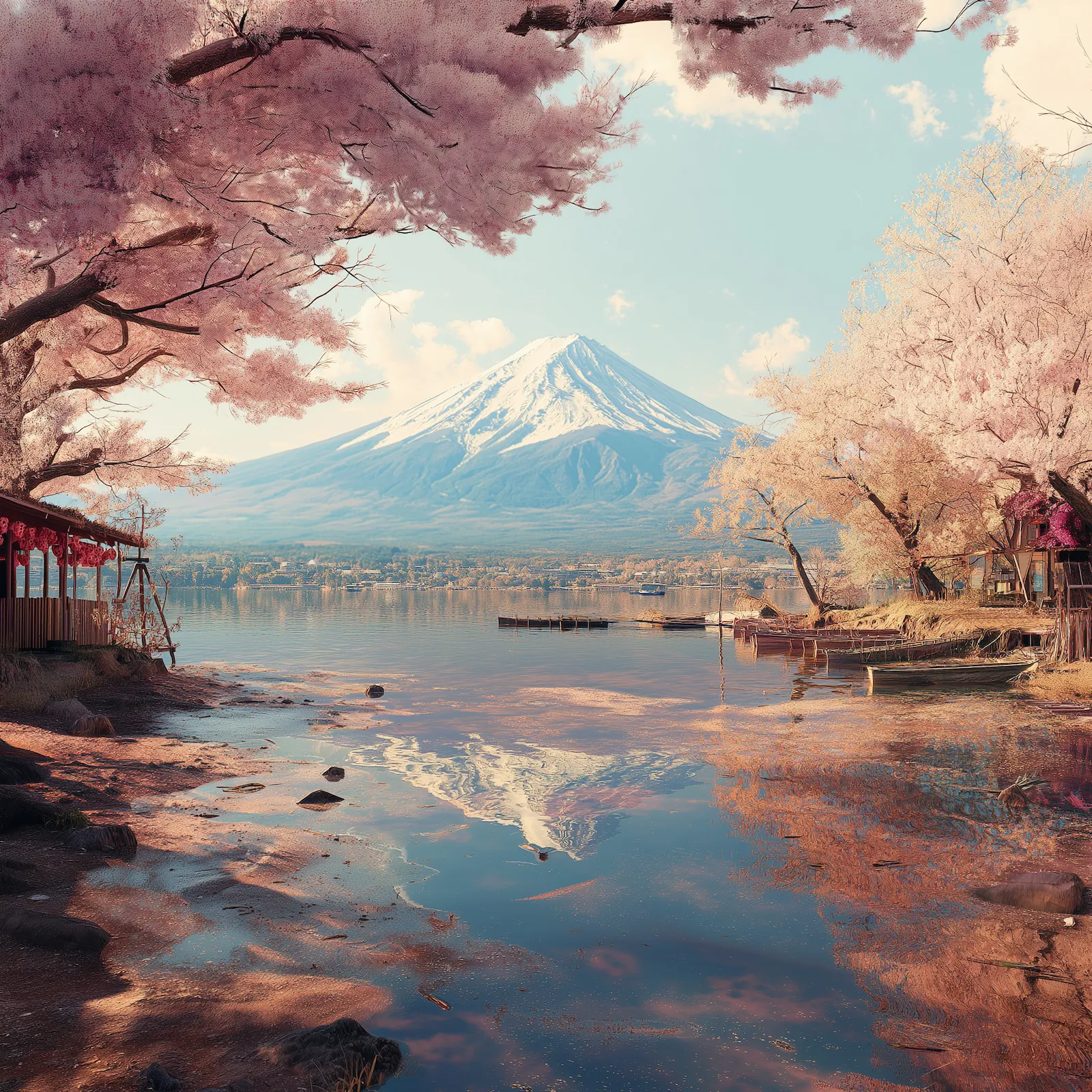 Mount Fuji reflected in Lake Kawaguchi, framed by cherry blossoms at sunrise.