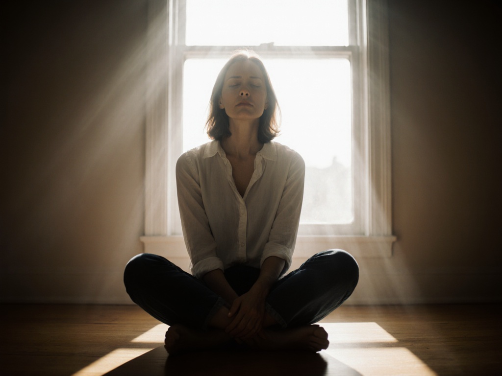 Person sitting cross-legged with visible tension in shoulders and jaw, harsh window light creating stark shadows