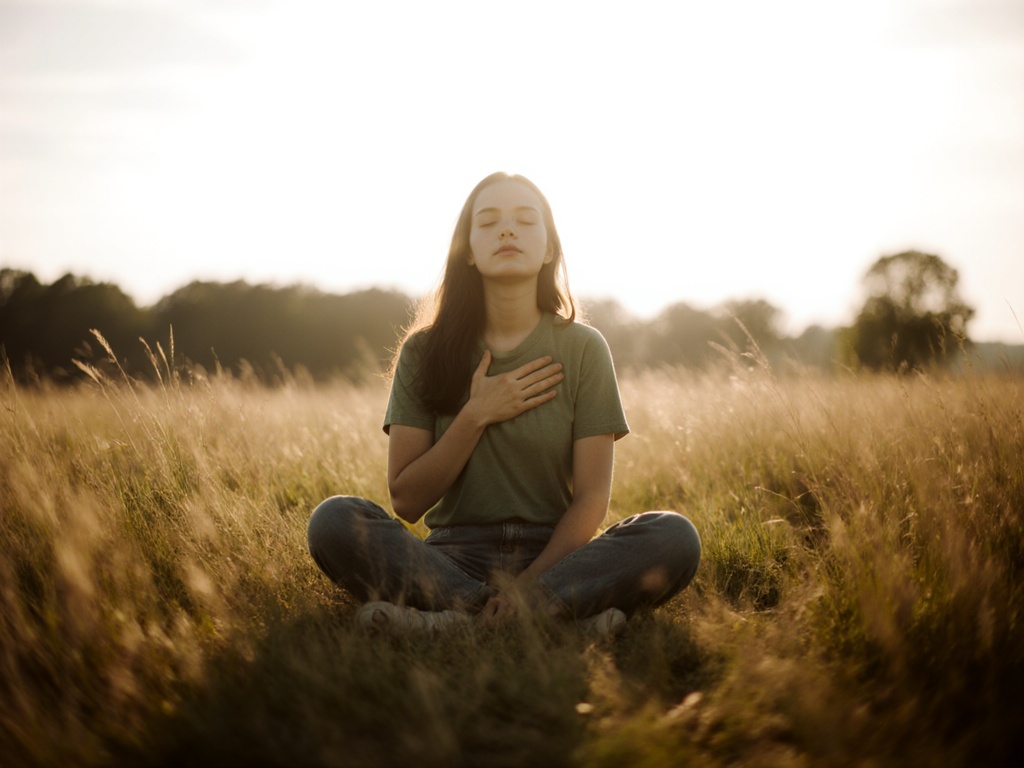 Person sitting cross-legged outdoors with one hand on their chest, eyes closed, surrounded by tall grass