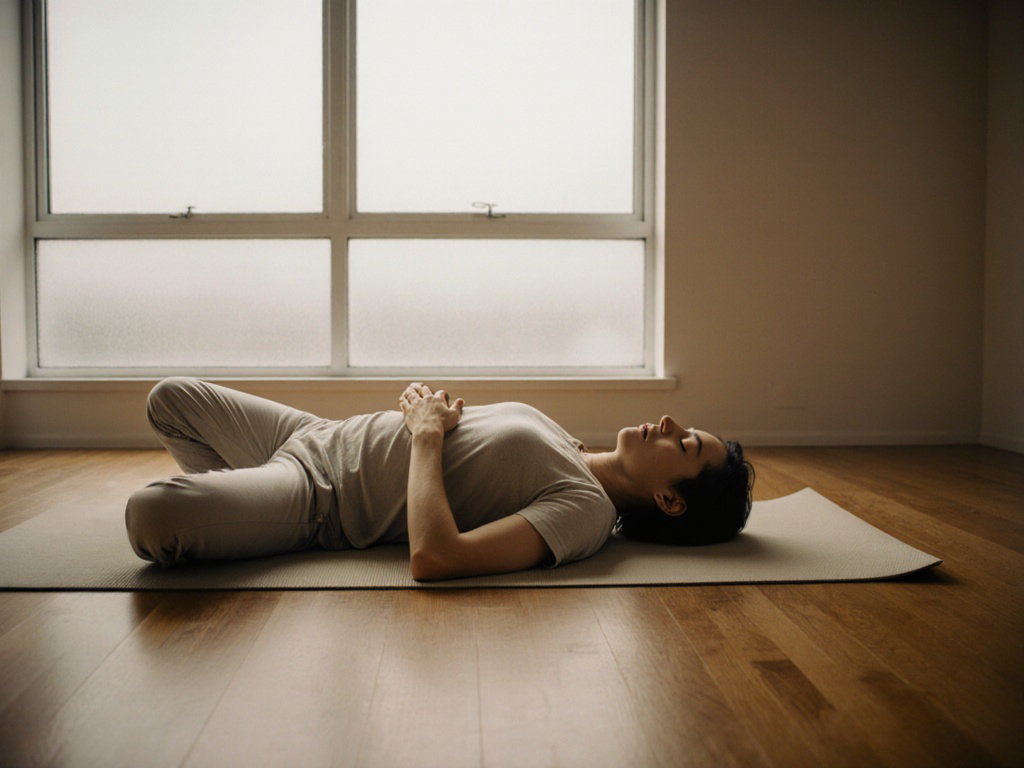 Person lying on yoga mat in quiet studio, eyes closed, relaxed posture, gentle exploration