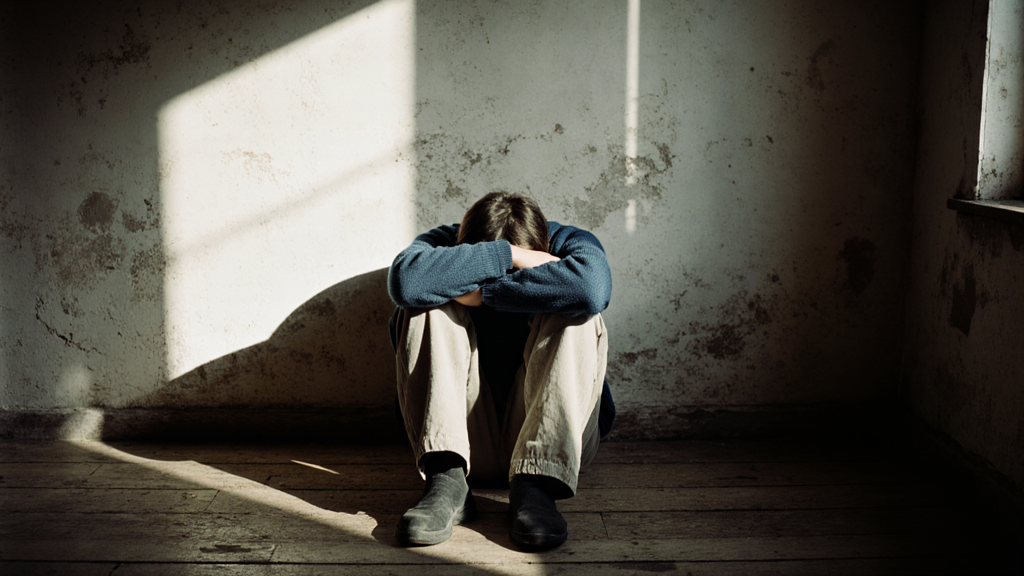 Person sitting on floor against wall in dim room, head down, embodying exhaustion and disconnection