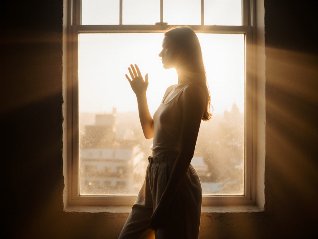 Woman standing at tall window between light and shadow, one hand on glass, posture caught between reaching and withdrawing