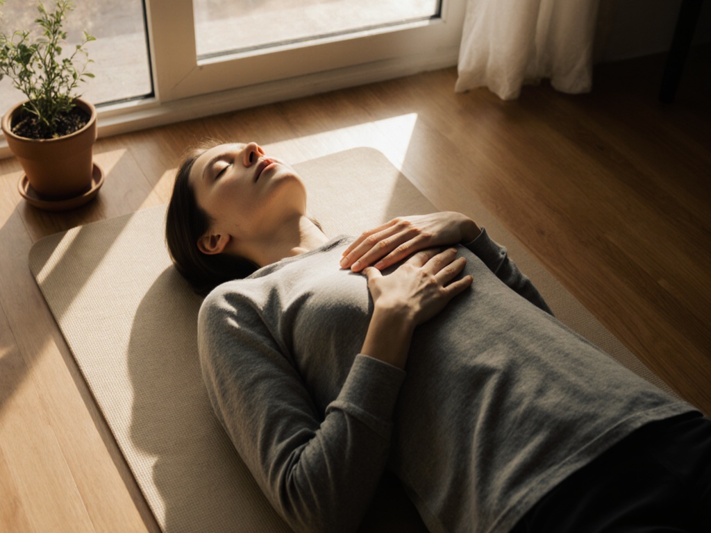 Person lies on floor in peaceful room, one hand on chest and one on belly, soft afternoon light