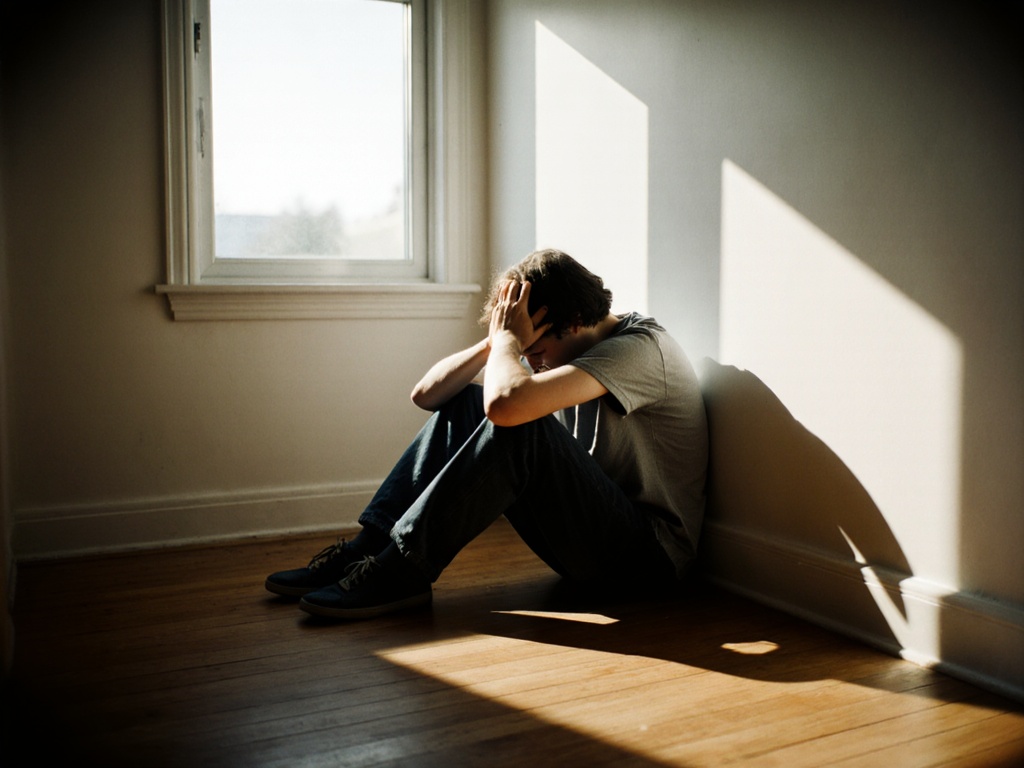 Person sitting on floor against wall, head in hands, afternoon shadows, visible struggle