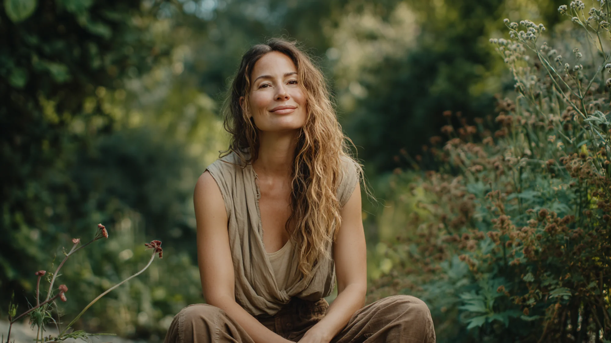 Person in quiet outdoor setting, sitting with relaxed shoulders, chest open, soft natural lighting.