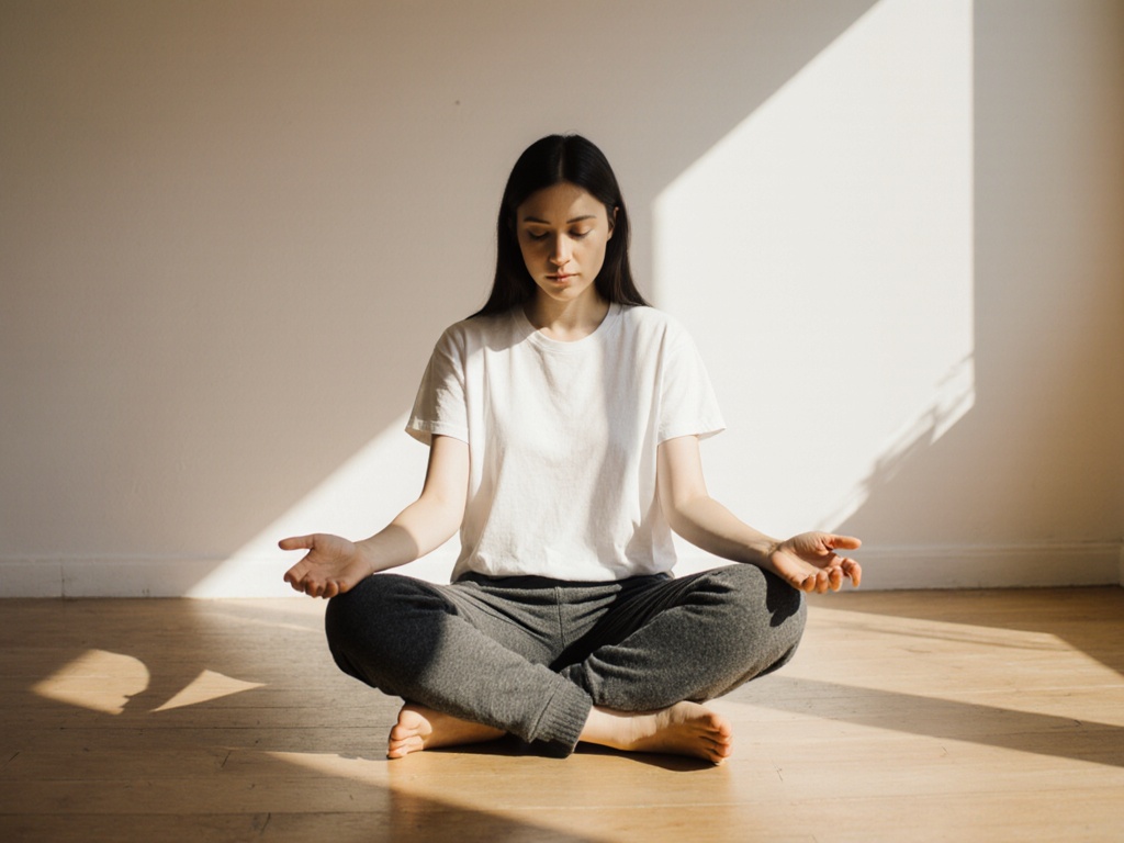 Woman seated cross-legged on wooden floor, hands resting openly on knees, observing rather than controlling
