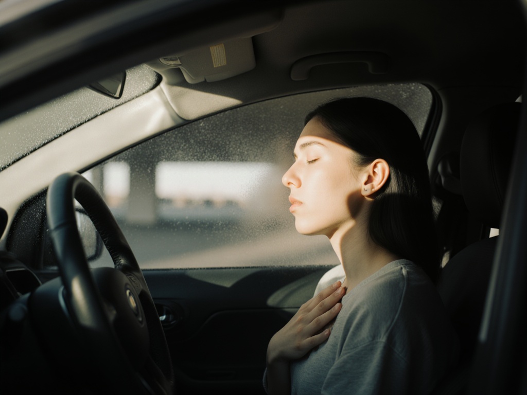 Person sitting in parked car, eyes closed, one hand on chest, visible relief on face